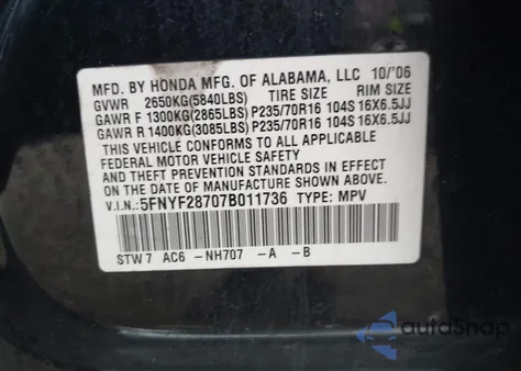 2007 Honda Pilot Ex-L from USA, damaged, VIN 5FNYF28707B011736
